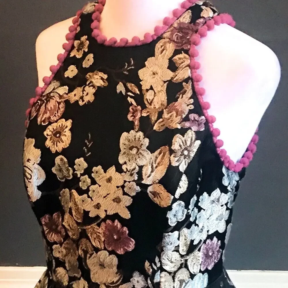 LAUNDRY black pink floral brocade Pom Pom trimmed Fit and Flare dress SZ 0 - Picture 7 of 11